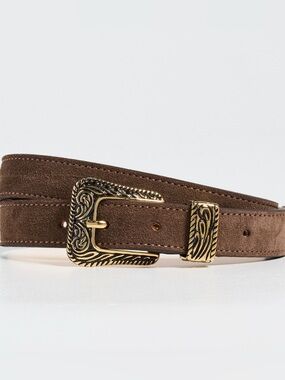 AUREUM No. 15 Brown Suede Belt with Gold Buckle